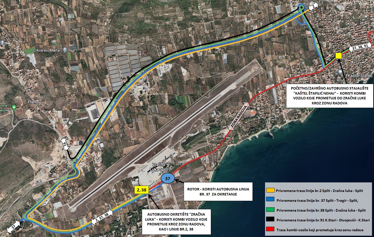 NOVA OBAVIJEST, privremena trasa prometovanja autobusnih linija br. 2, 37, 38 i 91 zbog rekonstrukcije državne ceste oznake DC409 u Kaštel Štafiliću, dionica Bilinski put – Zračna luka