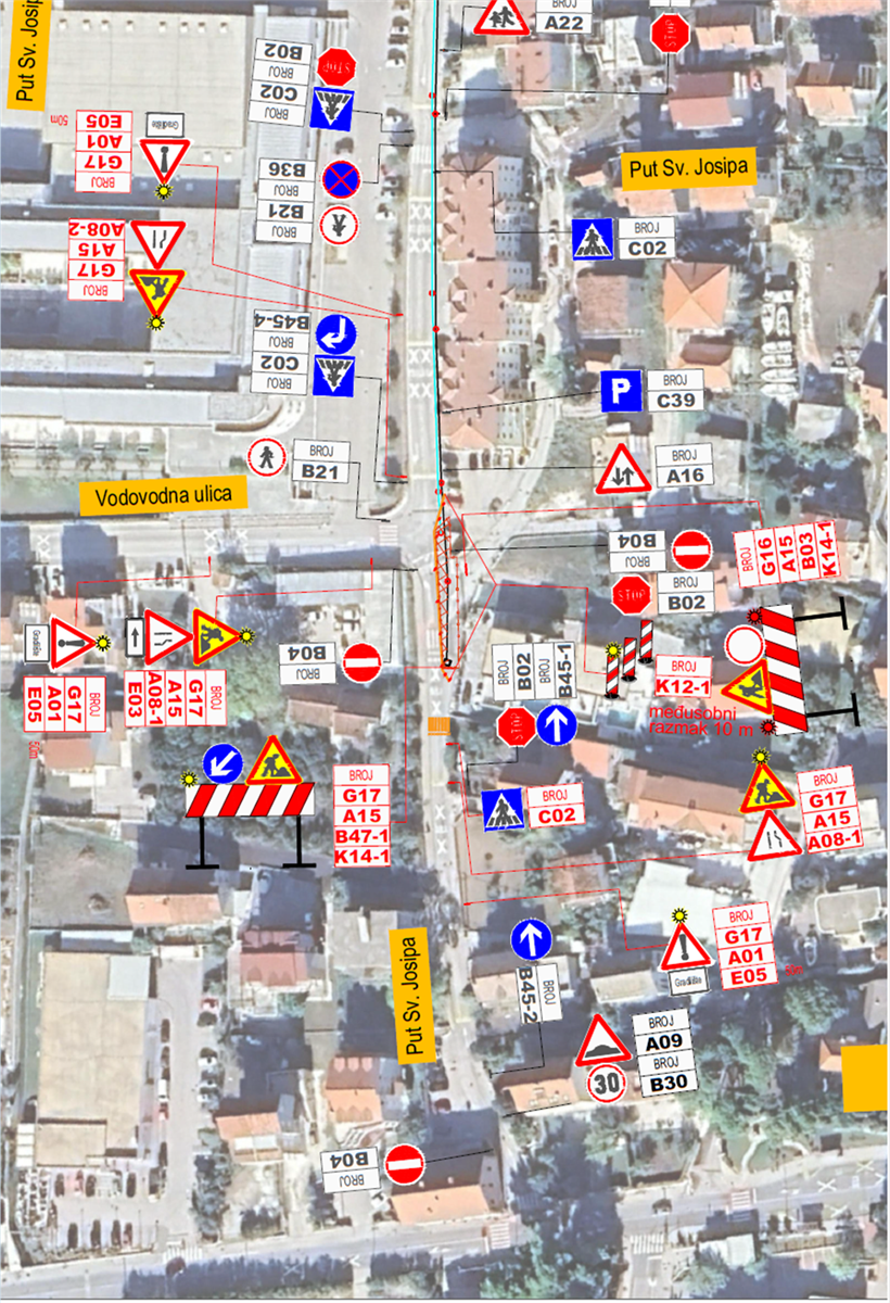 Privremena prometna signalizacija za 1 fazu za vrijeme izvođenja radova na građevini na izgradnji fekalnog i oborinskog kolektora u Ulici put sv. Josipa, Kaštel Novi