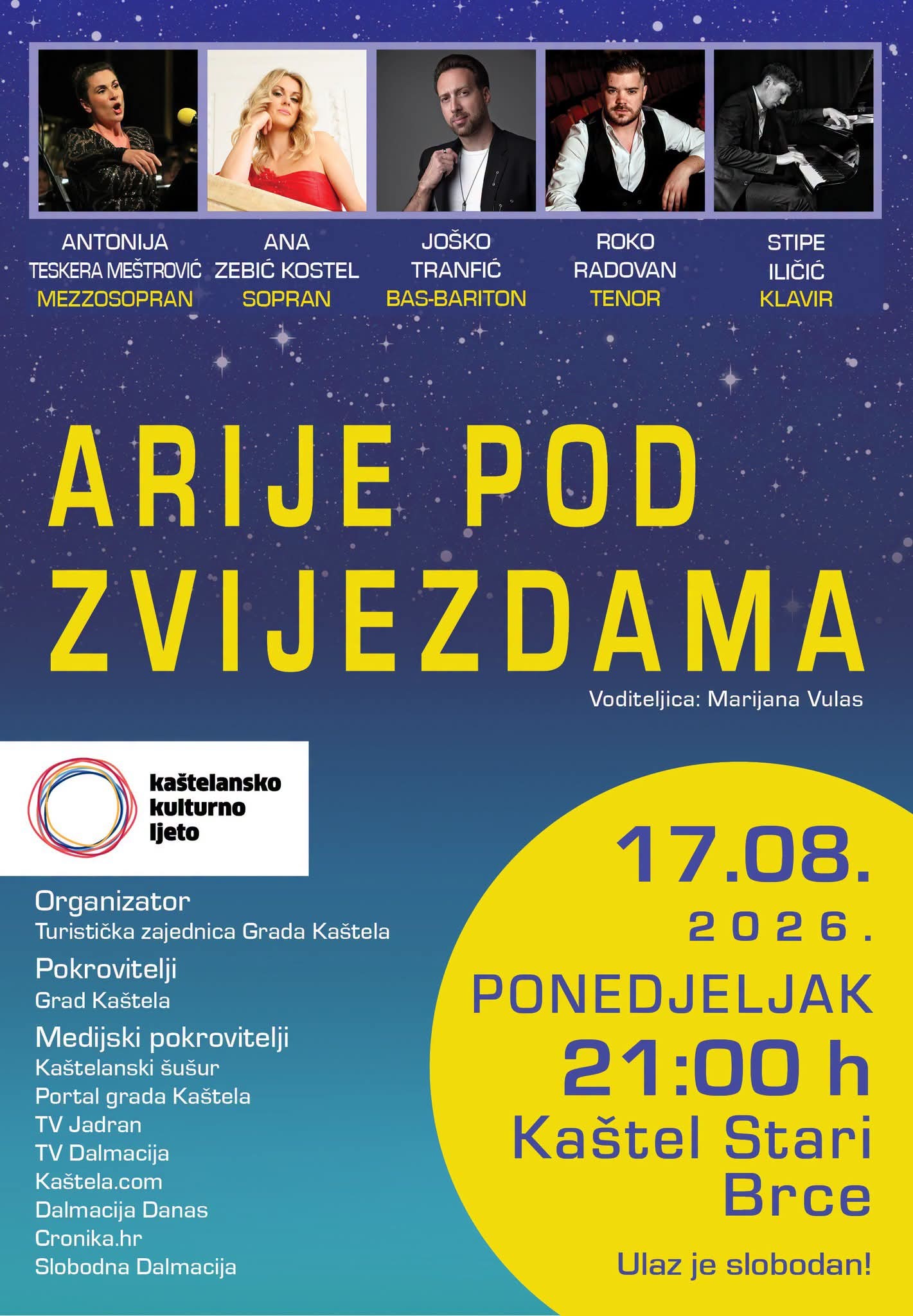 ARIJE POD ZVIJEZDAMA – Cjelovečernji koncert uz Antoniju Teskeru i Anu Zebić Kostel, uz pratnju Stipe Iličića na klaviru – Brce, Kaštel Stari